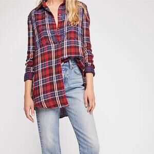 Free People Magical Plaid Shirt Blue Embroidered Button Down Shirt Oversize Sml